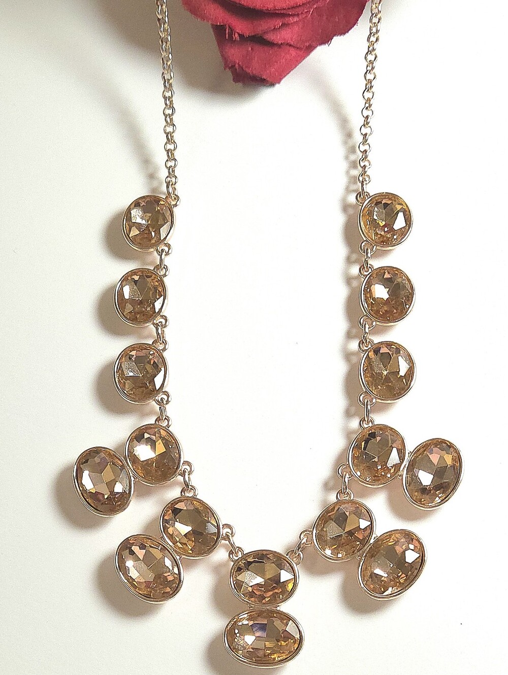 Champagne Crystal Rose Gold Tone Crystal Drop Necklace Statement Necklace 18"
